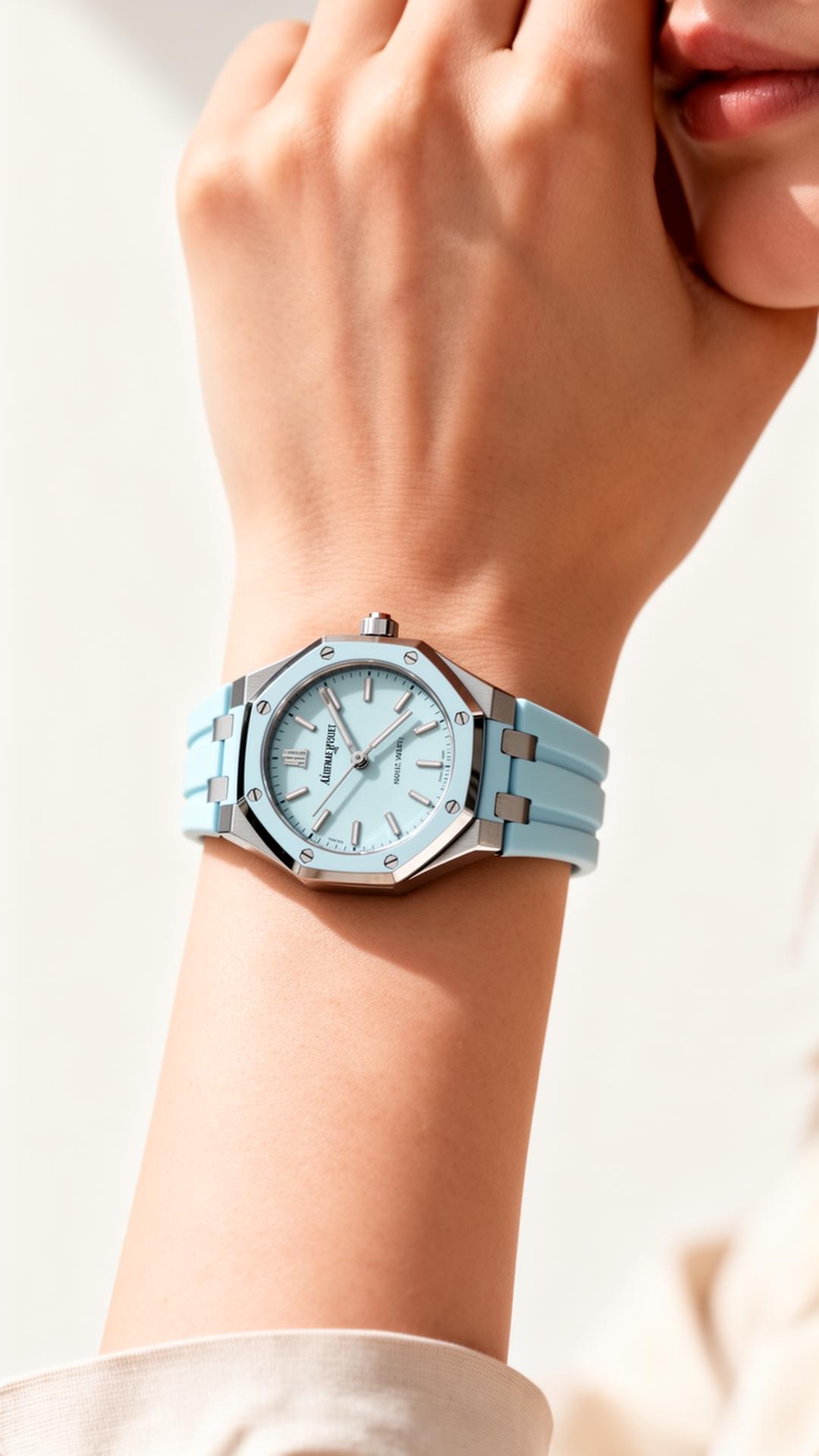 Royal Pop on wrist with pastel blue strap